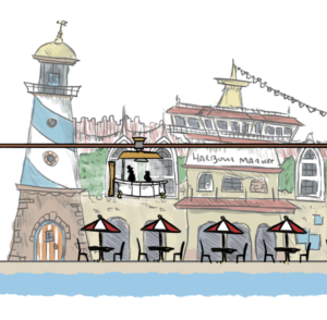 harbour restaurant sketch with terrace and bath ride